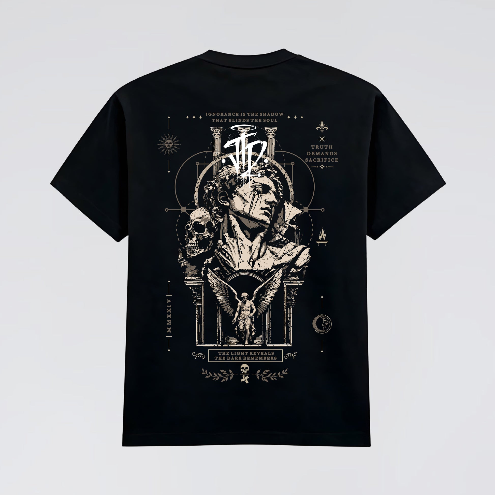 Back flat lay showing The Last Witness bronze gothic artwork. 