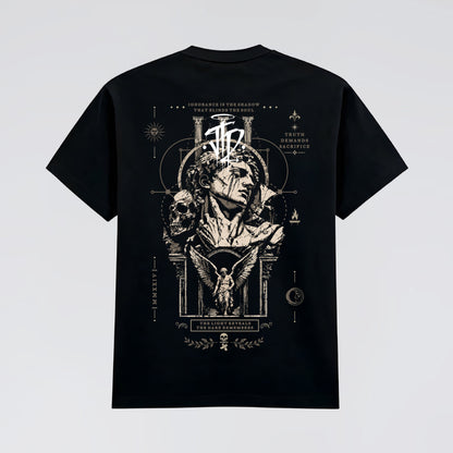 Back flat lay showing The Last Witness bronze gothic artwork. 