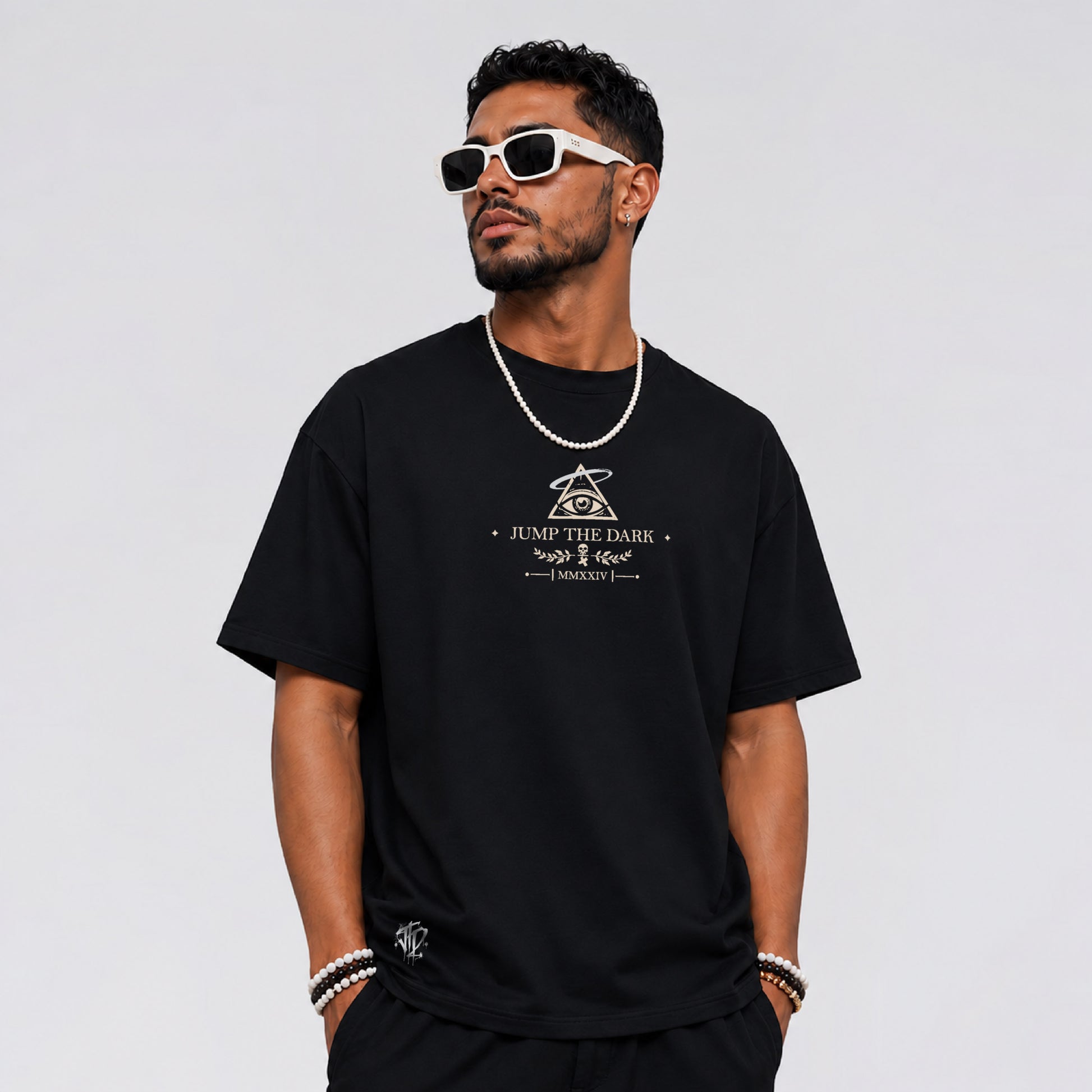 Male streetwear model wearing The Last Witness premium gothic t-shirt.