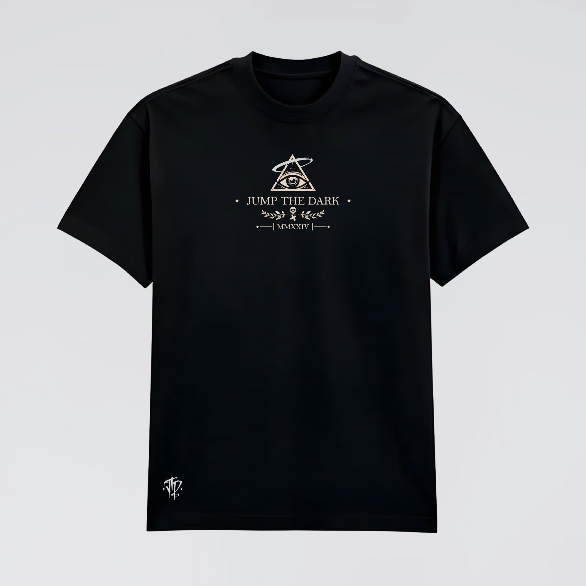 Front flat lay of The Last Witness black graphic alternative tee.