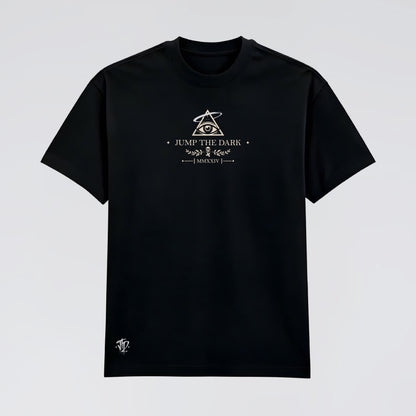 Front flat lay of The Last Witness black graphic alternative tee.
