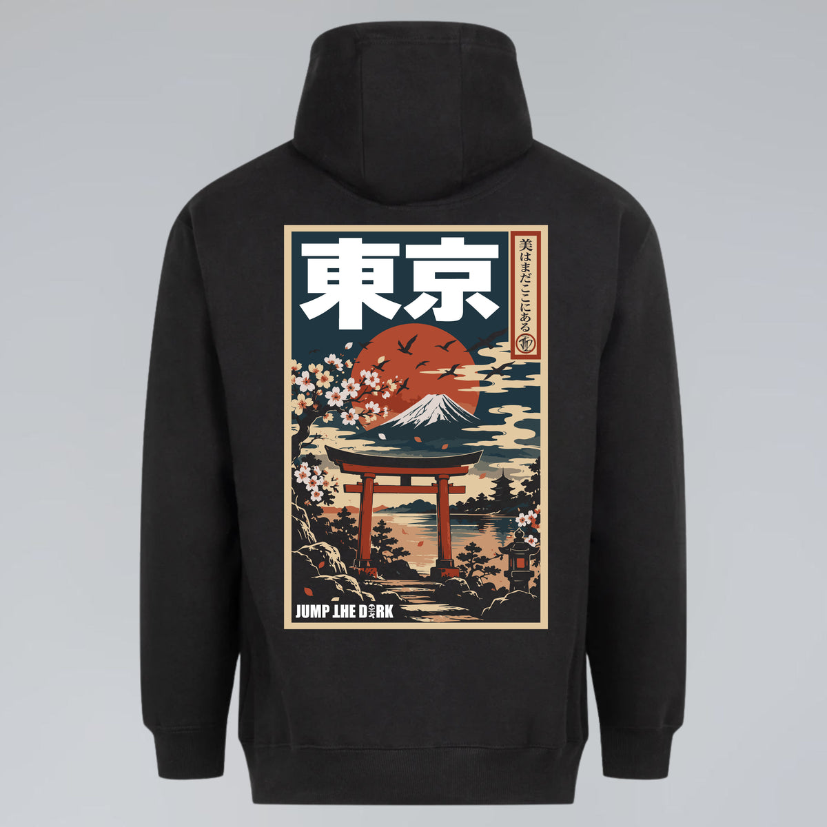 Tokyo After Dark Japanese graphic hoodie with Mount Fuji torii gate and sunset back print