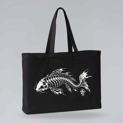 Black Ghost Koi tote bag featuring white skeletal fish artwork