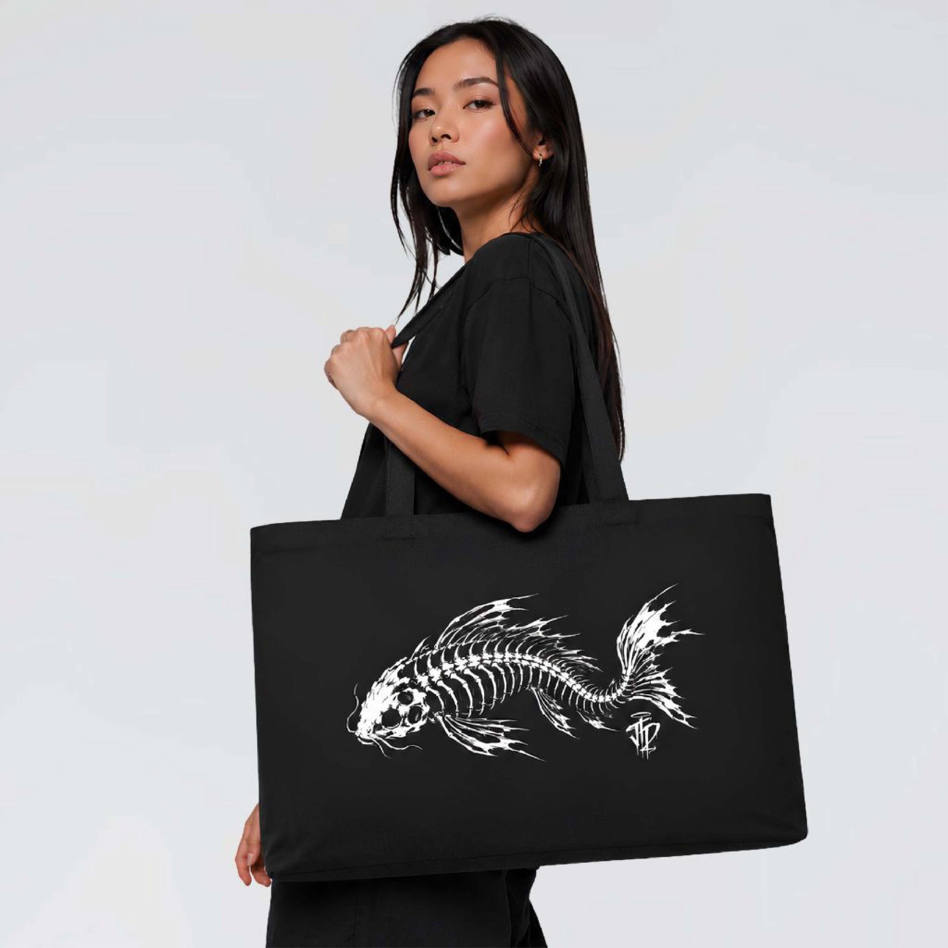 Large recycled cotton shoulder tote with monochrome koi skeleton graphic