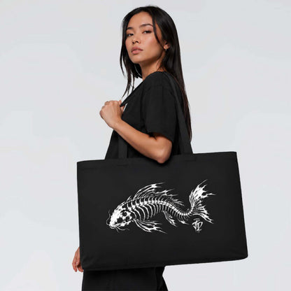 Large recycled cotton shoulder tote with monochrome koi skeleton graphic