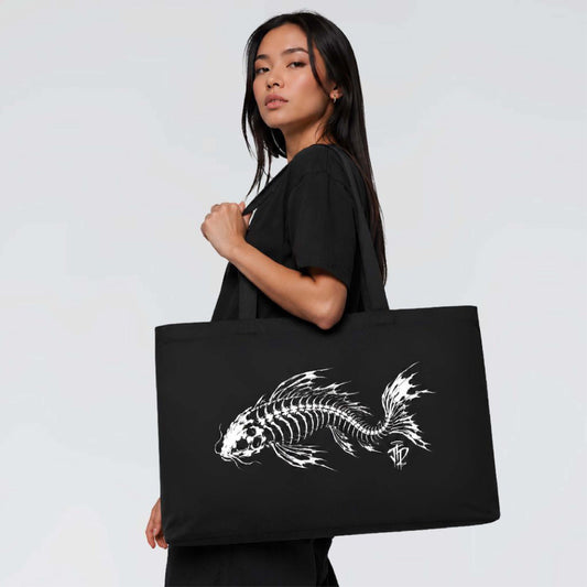 Large recycled cotton shoulder tote with monochrome koi skeleton graphic