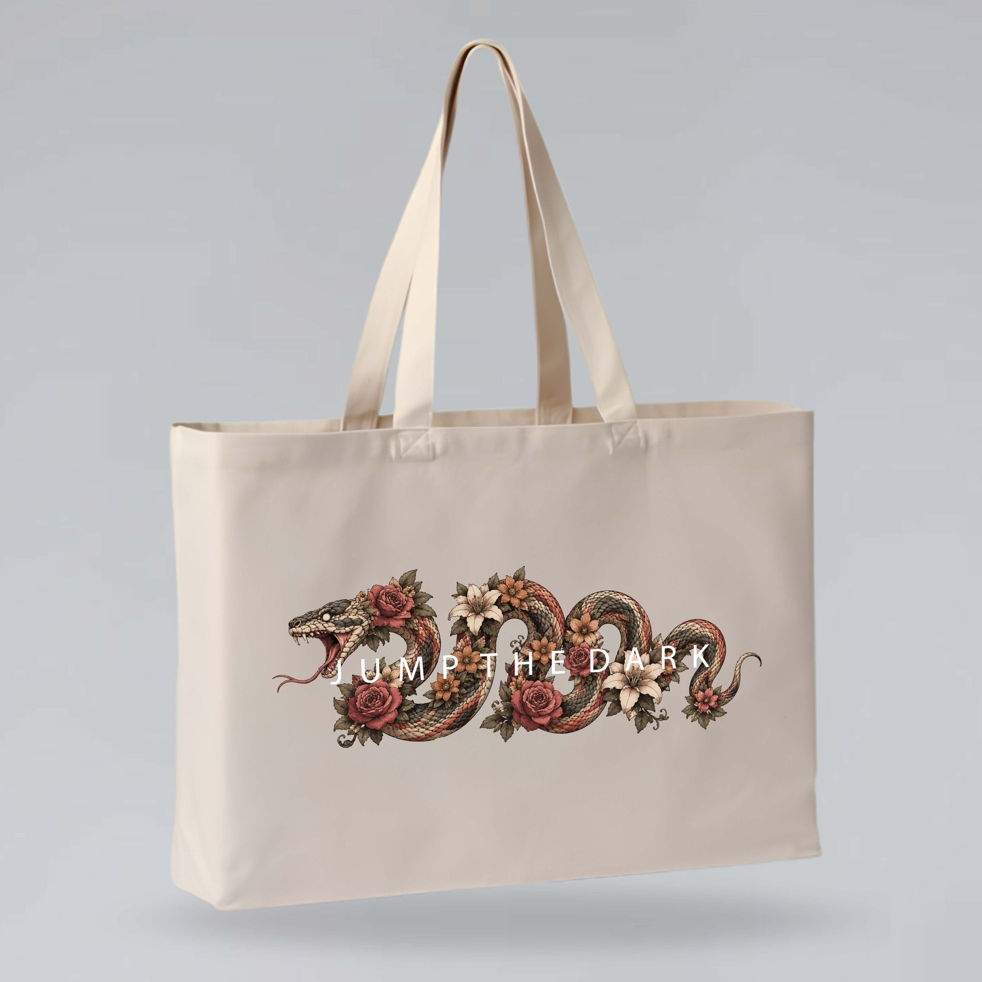 Serpent Bloom recycled cotton tote with coiled snake and botanical flower illustration