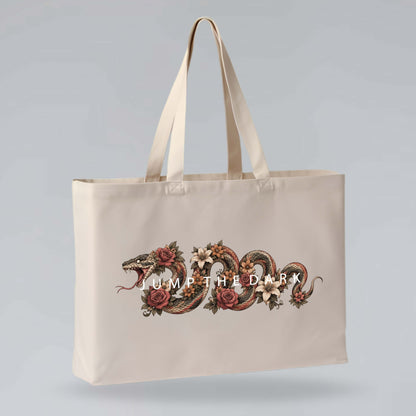 Serpent Bloom recycled cotton tote with coiled snake and botanical flower illustration