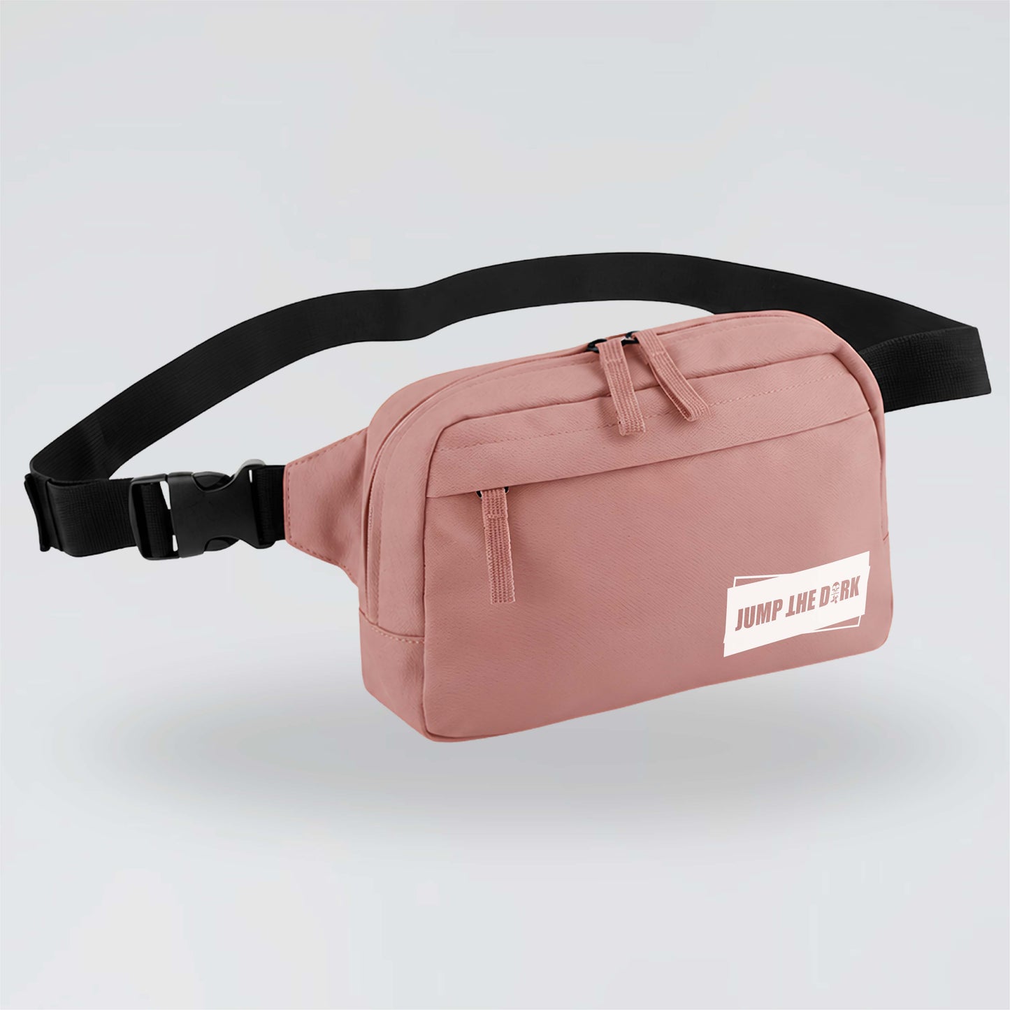 Dusky pink Jump the Dark cross body waist bag with black adjustable strap