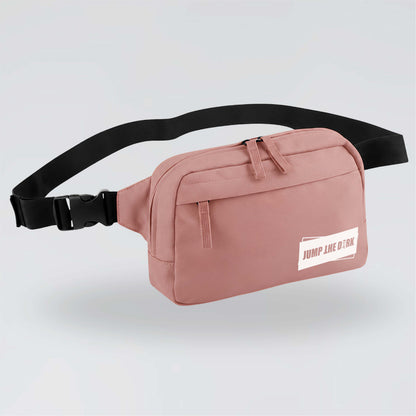 Dusky pink Jump the Dark cross body waist bag with black adjustable strap